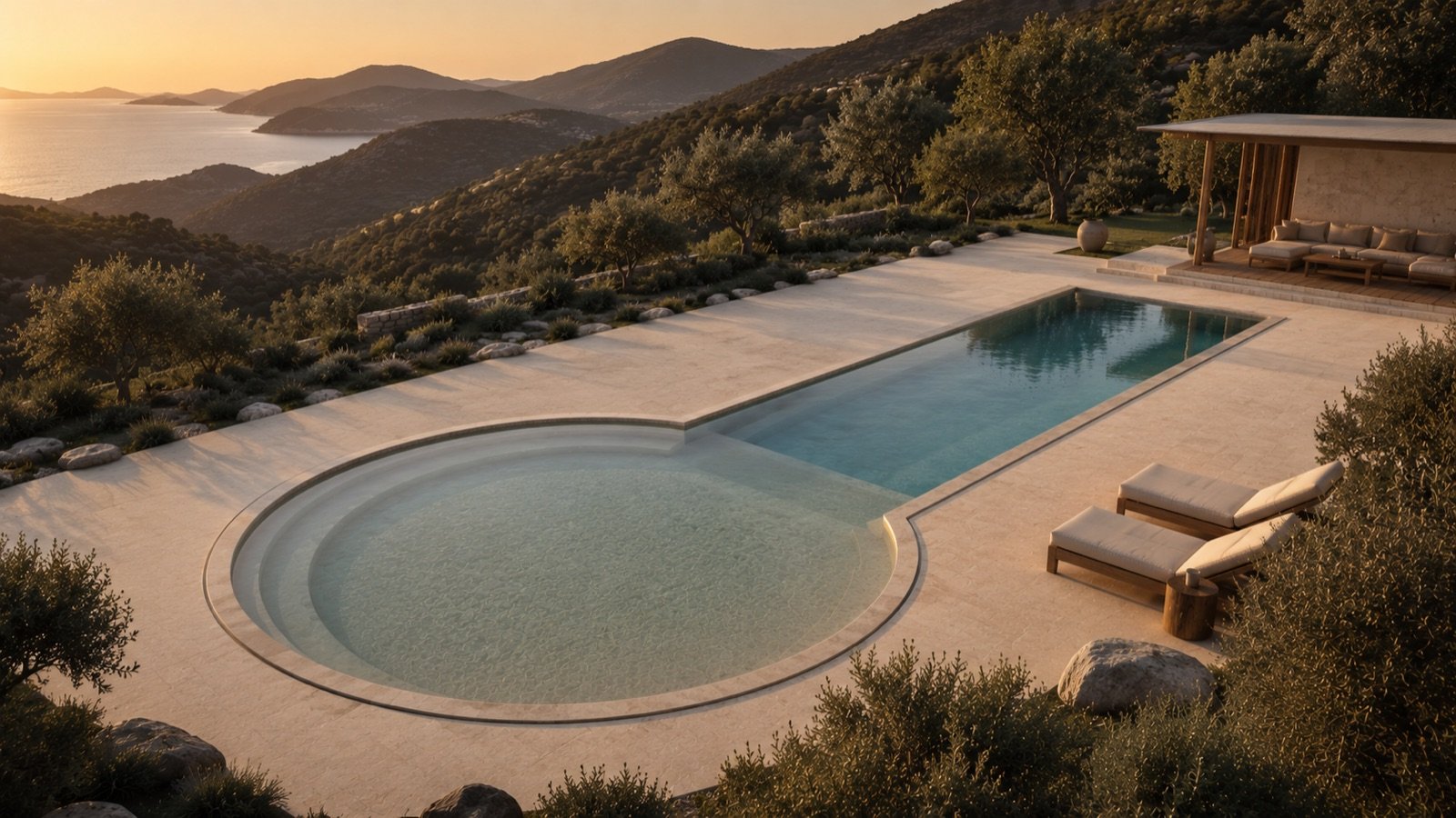 Beach Pool at golden hour — whistle geometry overlooking Bozburun bay