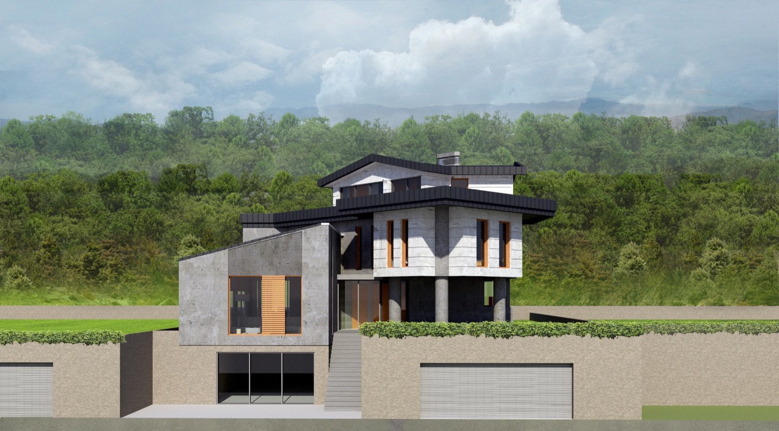 Güler Villa entrance elevation — concrete and timber massing under a mountain backdrop