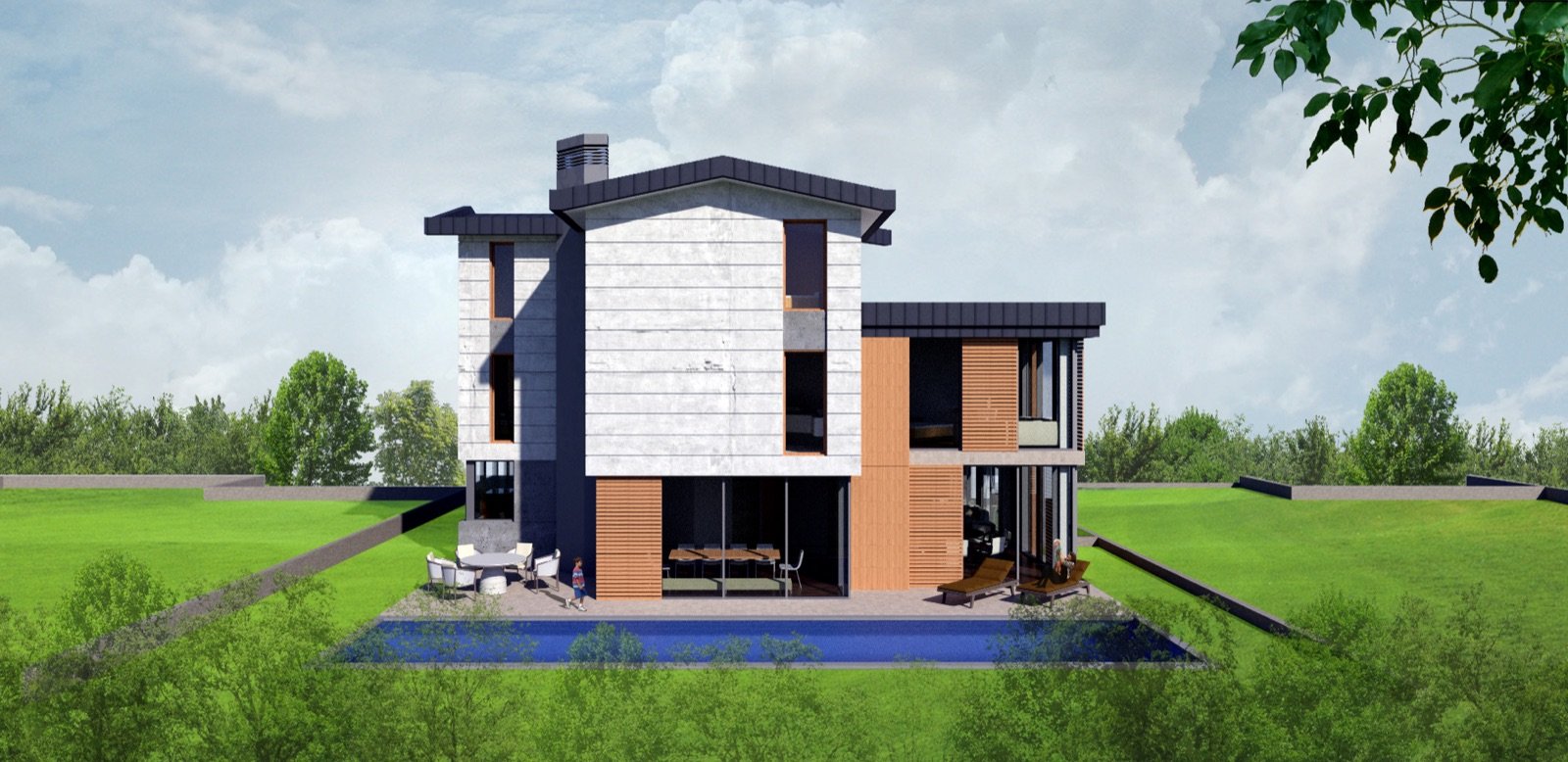 Güler Villa — concrete and timber residence above an outdoor pool at Göynüklü, Mudanya