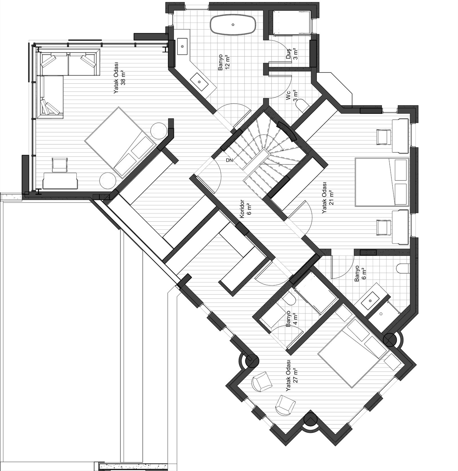 First floor plan — four bedrooms and bathrooms