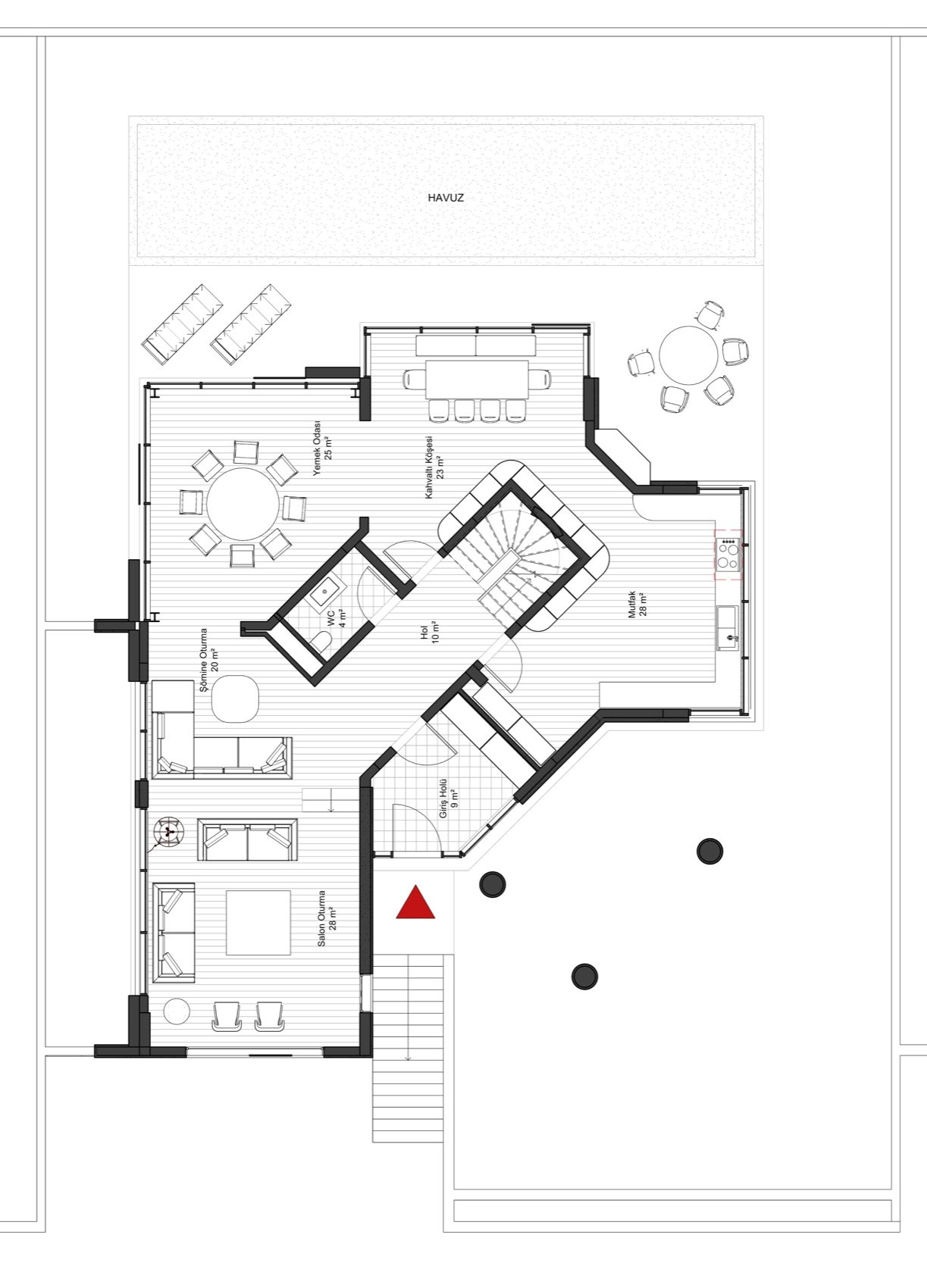 Ground floor plan — living, dining, kitchen and the outdoor pool
