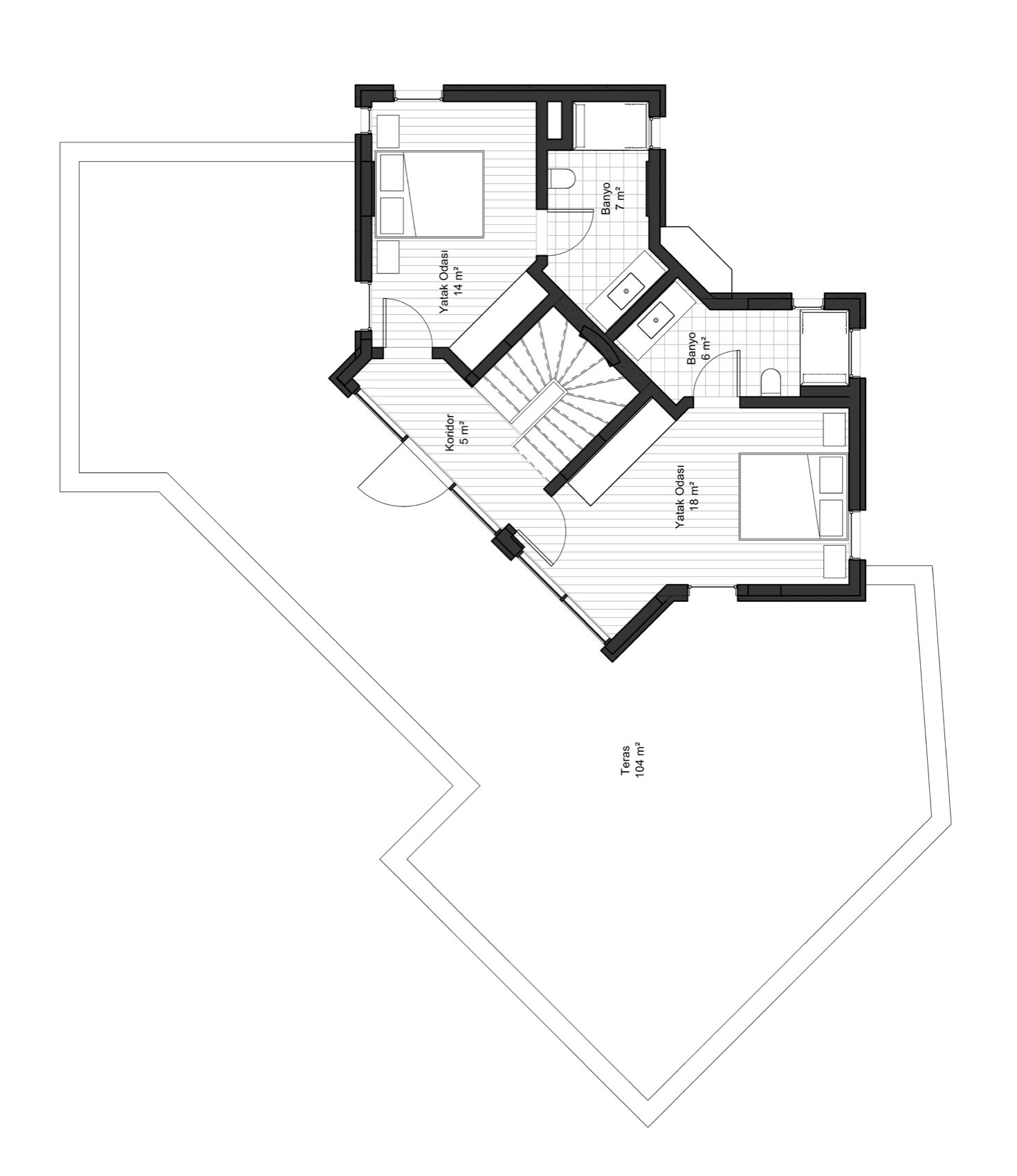 Second floor plan — two bedrooms and a 104 m² roof terrace